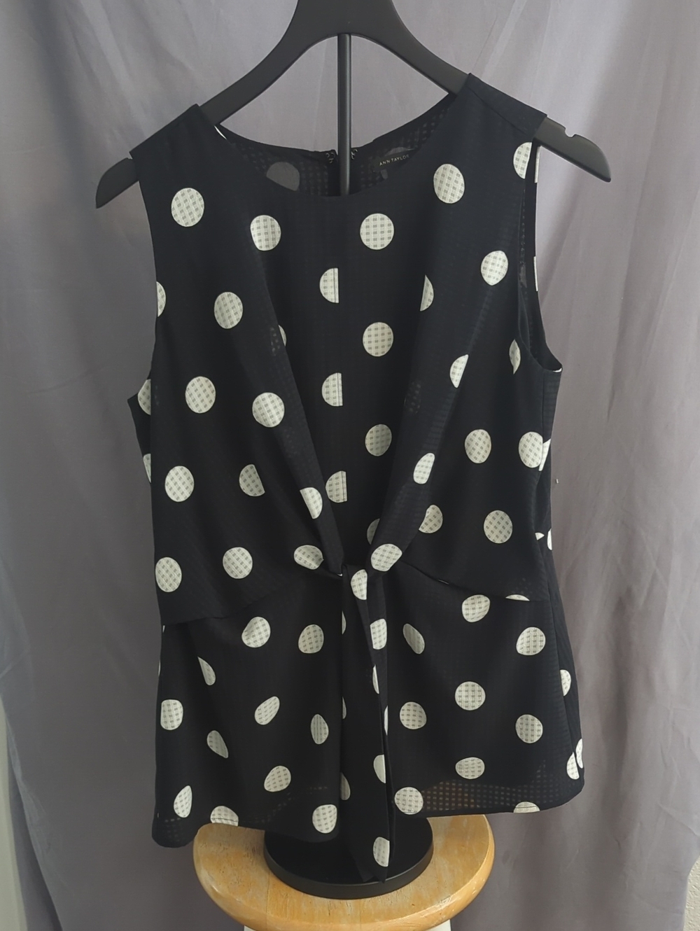 Ann Taylor Black and White Polka Dot Tie-Front Sleeveless Top